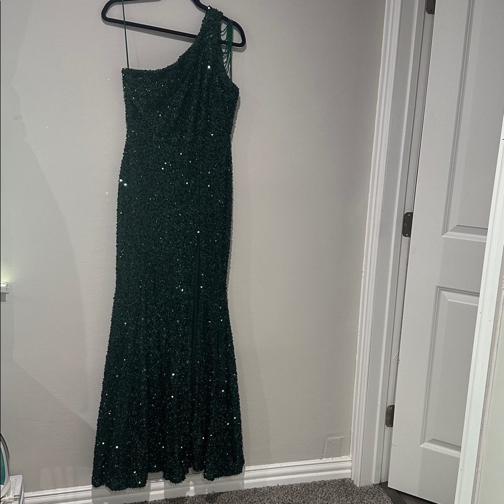 Fashion Nova Green Sequin One Shoulder Prom Dress Maxi Evening Gown Slit M